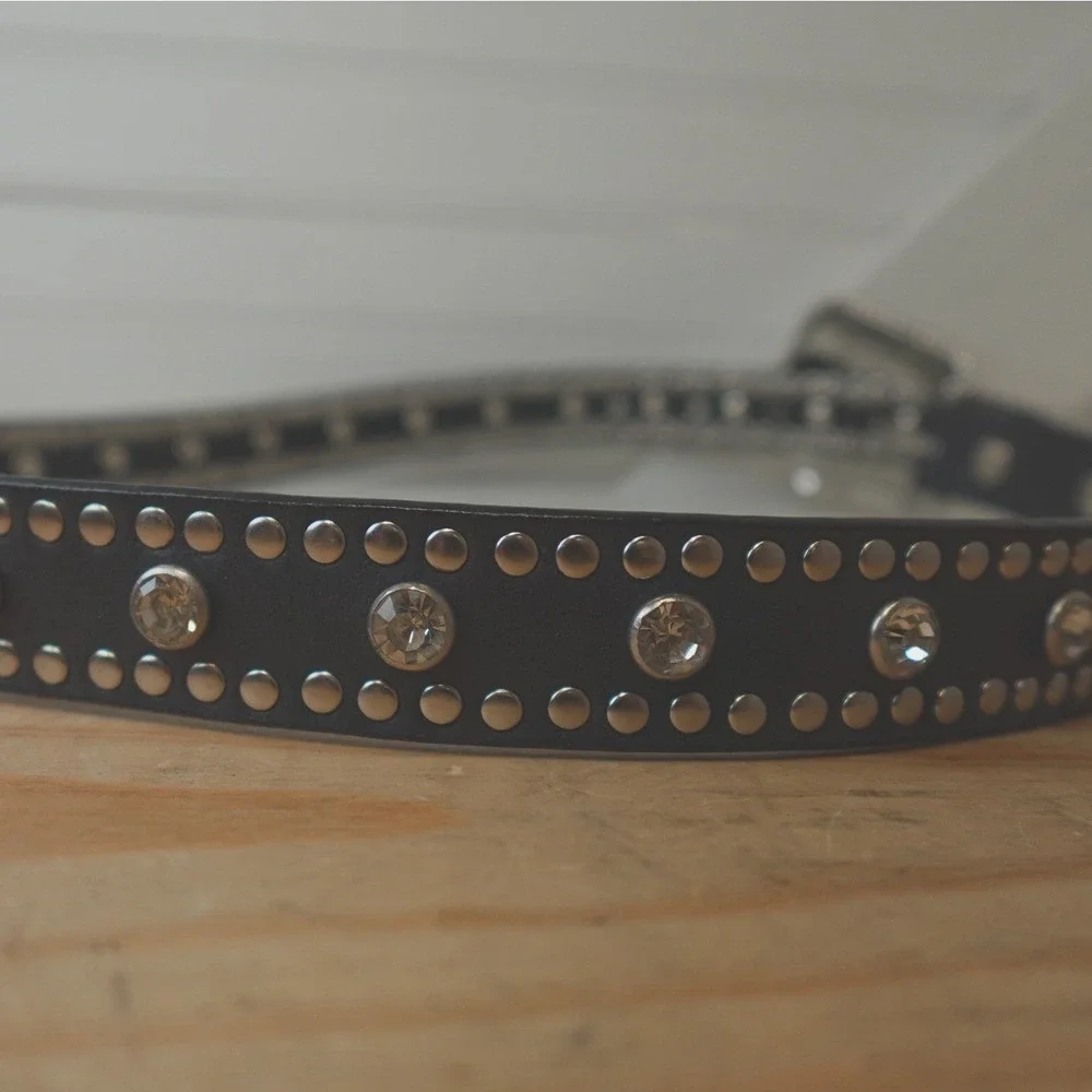 Women's Black Leather Studded Nocona Belt Medium‎ Rhinestones Silver Tone Buckle